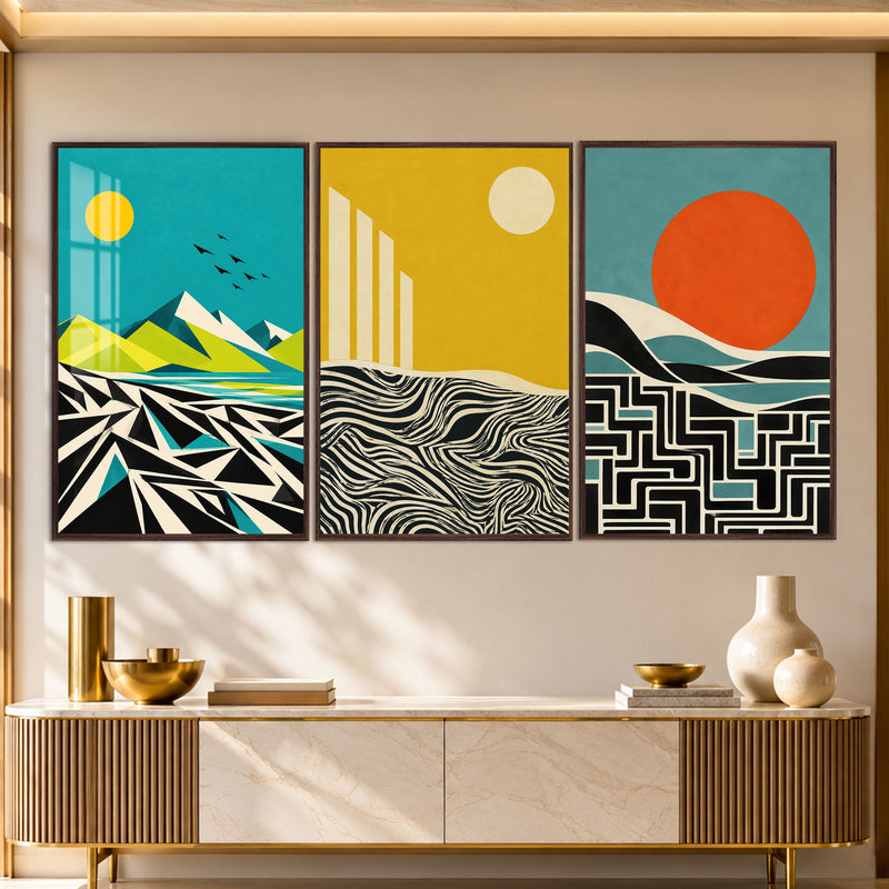 Renkli Mid-Century Manzara Üçlü Cam Tablo – Ceviz Çerçeveli
