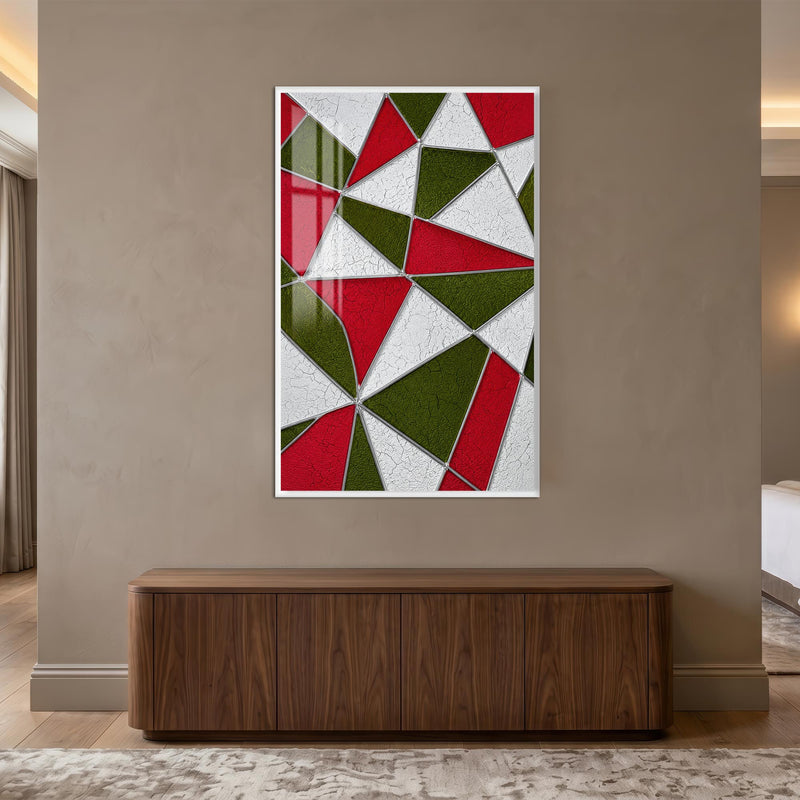 Vitray Geometrik Üçgen Cam Tablo – Beyaz Çerçeveli Cam Tablo
