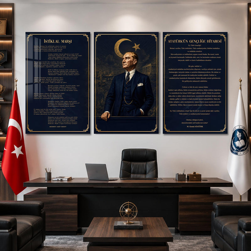 Atatürk Köşesi Üçlü Cam Tablo Seti — Lacivert İstanbul Silueti