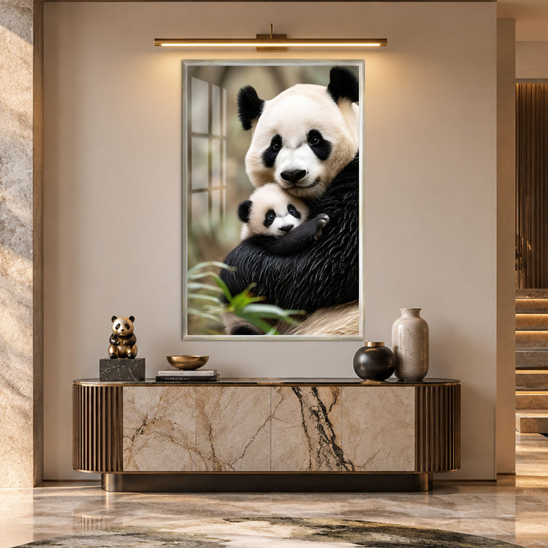 Anne Panda ve Yavrusu Cam Tablo – Gümüş Çerçeveli Cam Tablo