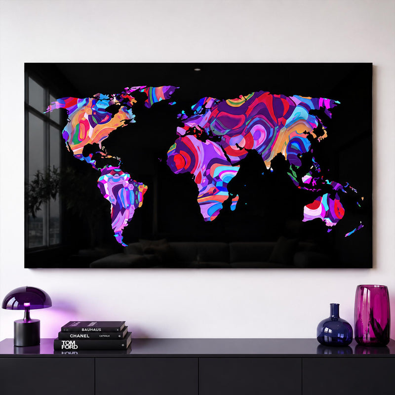 Neon Psychedelic Dünya Haritası Cam Tablo