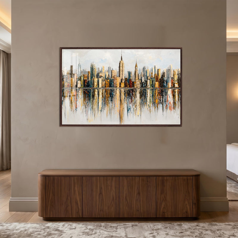 New York Skyline Empire State Renkli Cam Tablo – Ceviz Cerceveli Cam Tablo