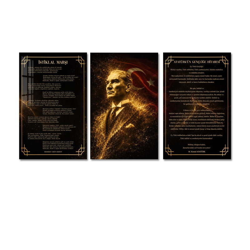Atatürk Köşesi Üçlü Cam Tablo Seti — Altın Parçacıklı Bayraklı