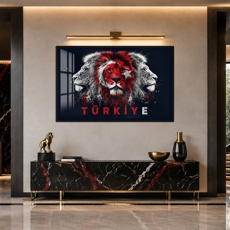Üç Aslan Türkiye Bayrağı Cam Tablo – Siyah Çerçeveli Cam Tablo