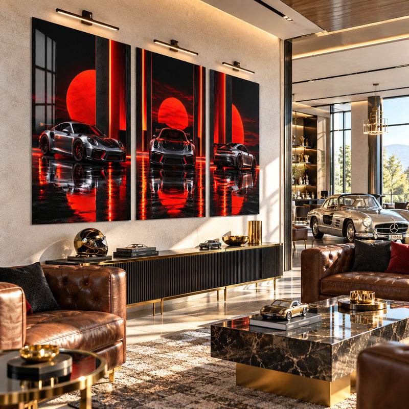 Gri Spor Araba Neon Gün Batımı Üçlü Cam Tablo