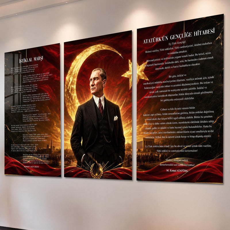 Atatürk Köşesi Üçlü Cam Tablo Seti — Kızıl Hilal Zafer Çelenkli