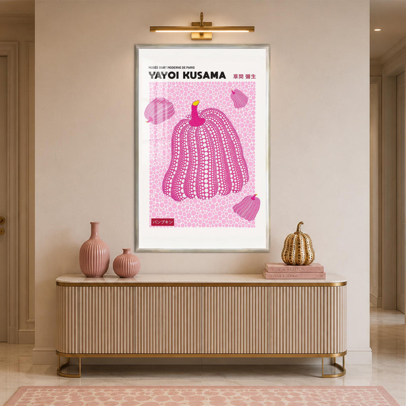 Pembe Puantiyeli Masal Kabağı Cam Tablo – Gümüş Çerçeveli Cam Tablo