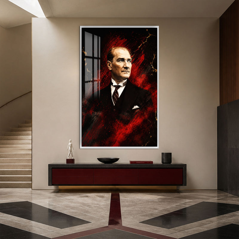 Kızıl Zeminde Atatürk Cam Tablo – Beyaz Çerçeveli