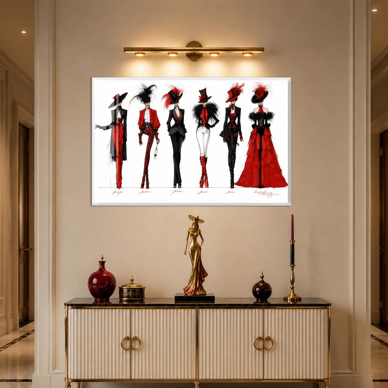 Siyah ve Kırmızı Couture Elbise Eskizi Cam Tablo – Beyaz Çerçeveli Cam Tablo