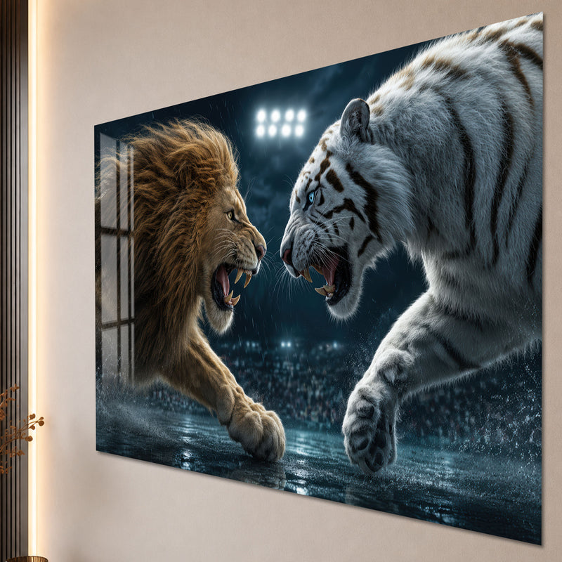 Aslan ve Kaplan Karşı Karşıya Cam Tablo – Cam Tablo