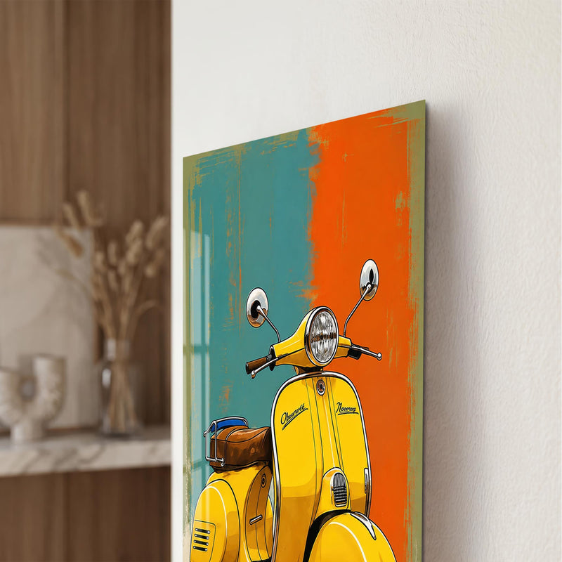 Turkuaz Turuncu Zeminde Sarı Vespa Cam Tablo – Cam Tablo