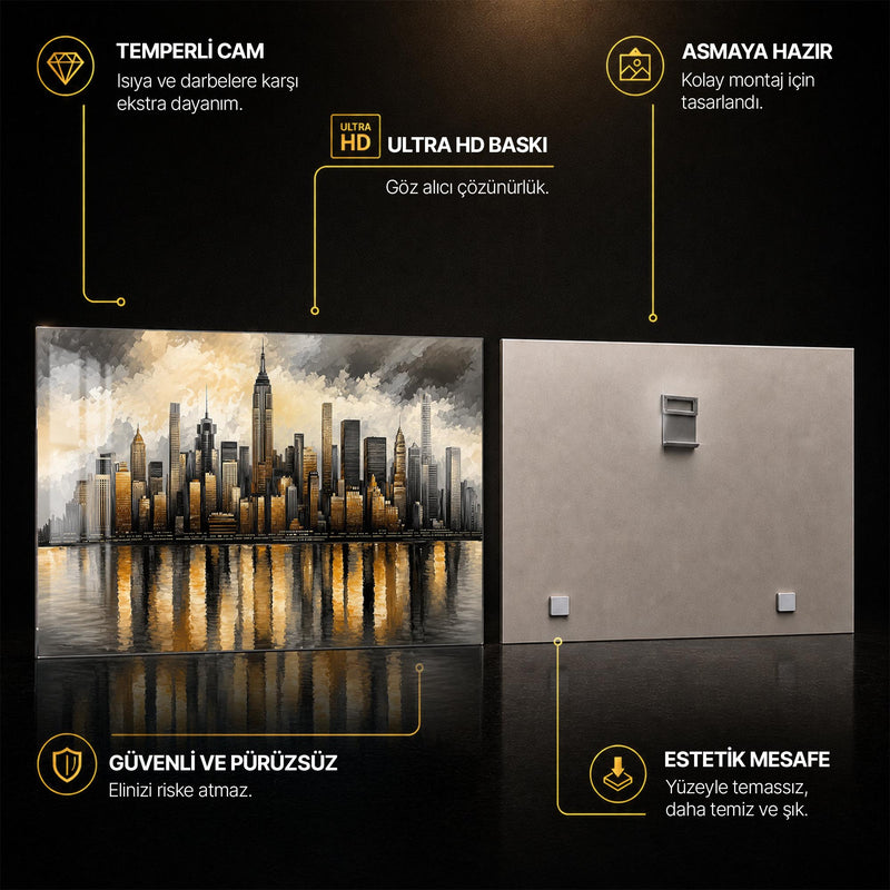 New York Gece Empire State Altın Cam Tablo – Cam Tablo