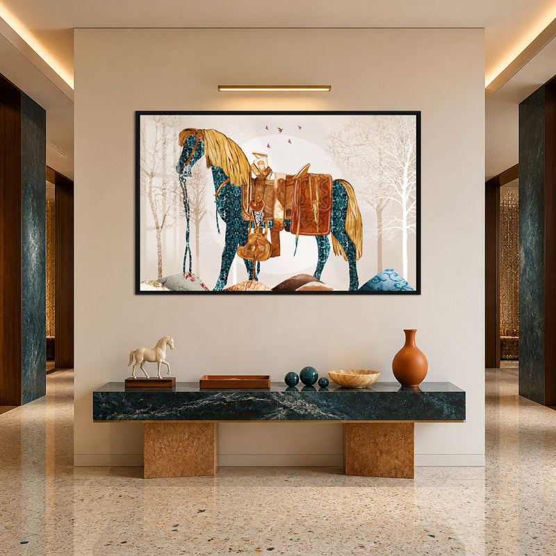 Süslü Eyerli Mavi At Cam Tablo – Siyah Çerçeveli Cam Tablo
