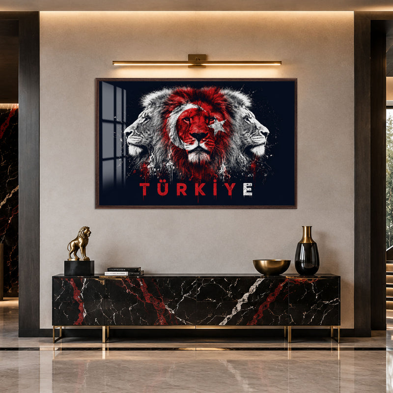 Üç Aslan Türkiye Bayrağı Cam Tablo – Ceviz Çerçeveli Cam Tablo