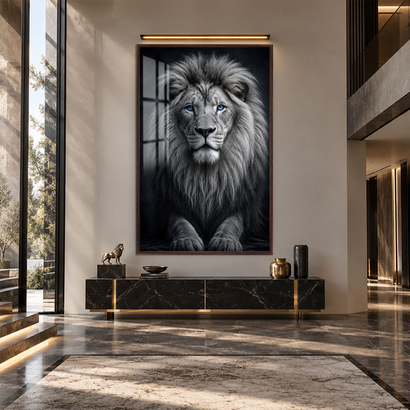 Mavi Gözlü Aslan Cam Tablo – Ceviz Çerçeveli Cam Tablo