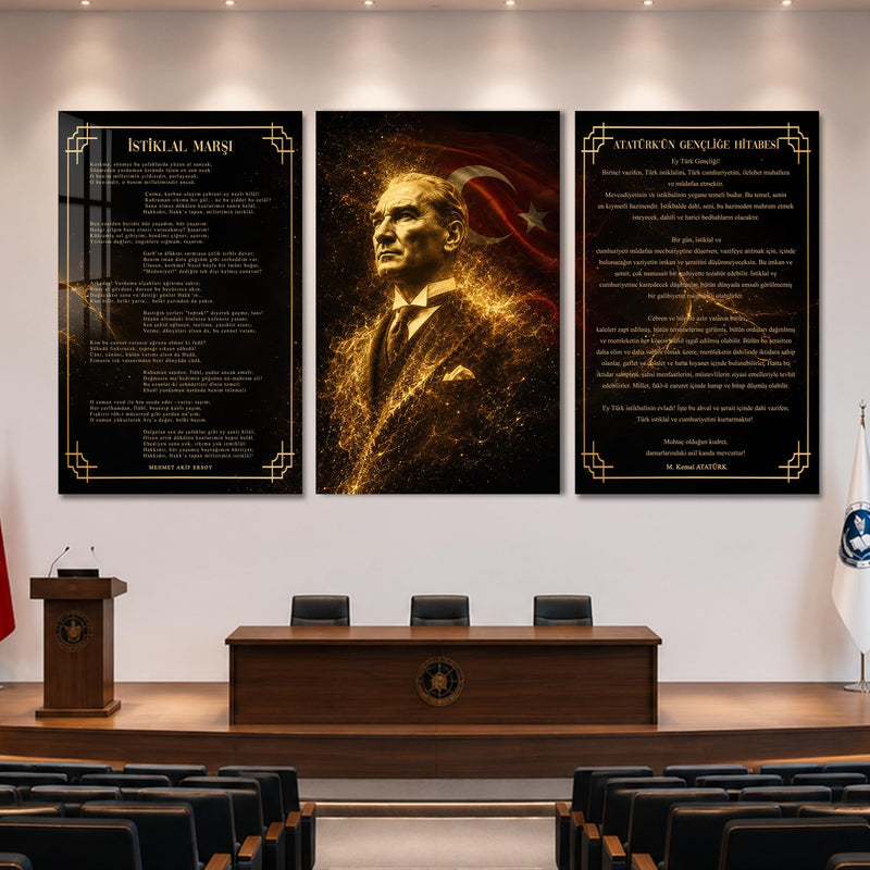 Atatürk Köşesi Üçlü Cam Tablo Seti — Altın Parçacıklı Bayraklı