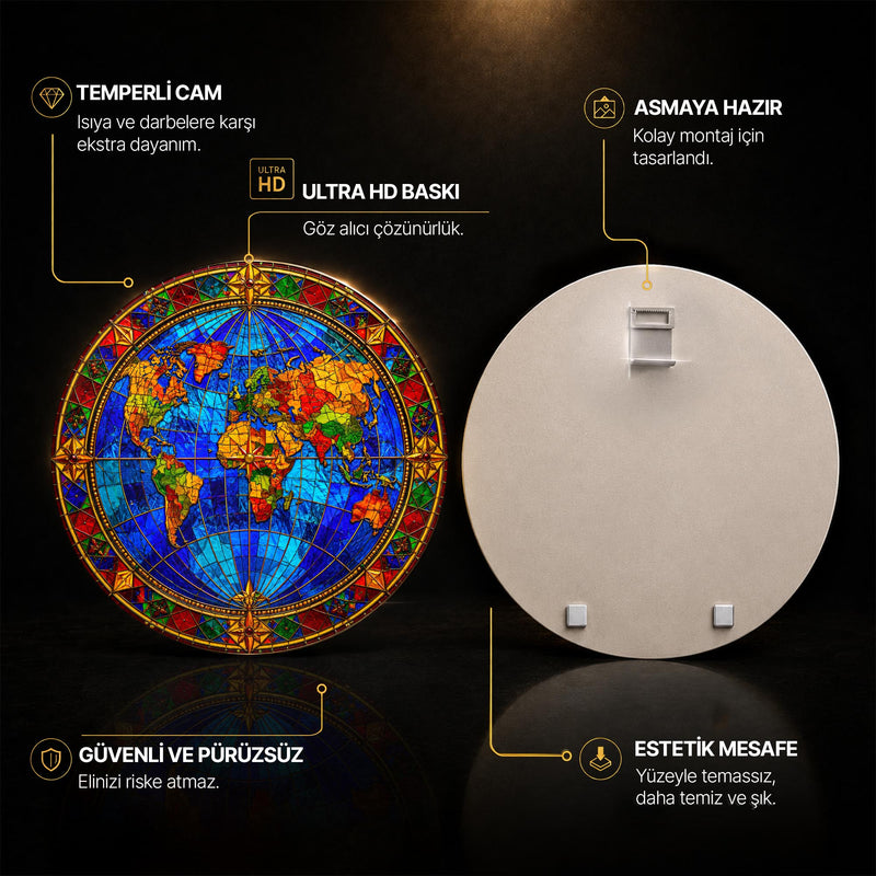 Vitray Kilise Yuvarlak Dünya Haritası Cam Tablo