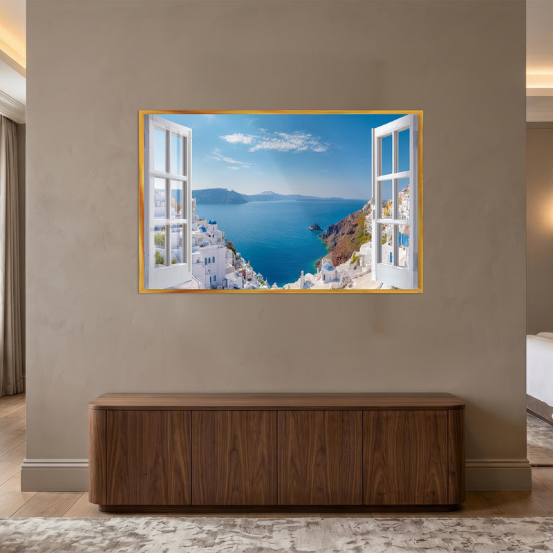 Santorini Mavi Kubbeler Cam Tablo – Altın Çerçeveli Cam Tablo