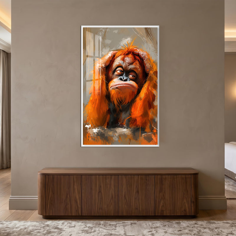 Düşünceli Orangutan Cam Tablo – Beyaz Çerçeveli Cam Tablo