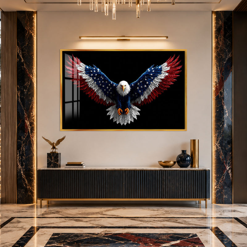 Amerikan Bayraklı Kartal Cam Tablo – Altın Çerçeveli Cam Tablo