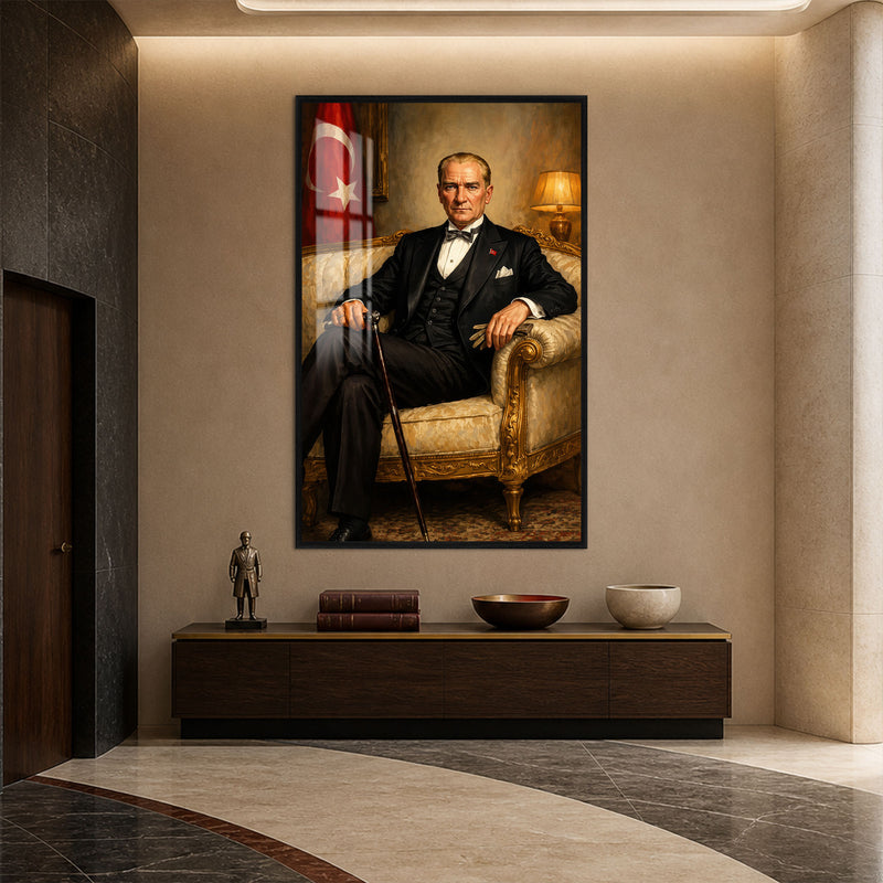 Koltukta Atatürk Cam Tablo – Siyah Çerçeveli