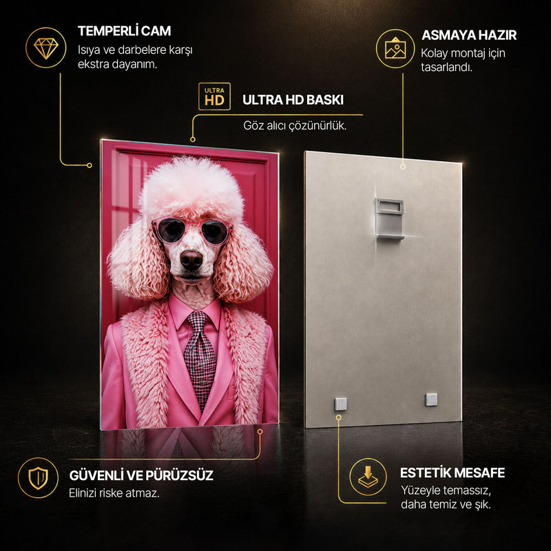 Pembe Takımlı Pudel Köpek Cam Tablo – Cam Tablo