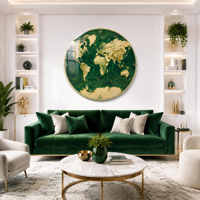 Topografik Yeşil Yuvarlak Dünya Haritası Cam Tablo