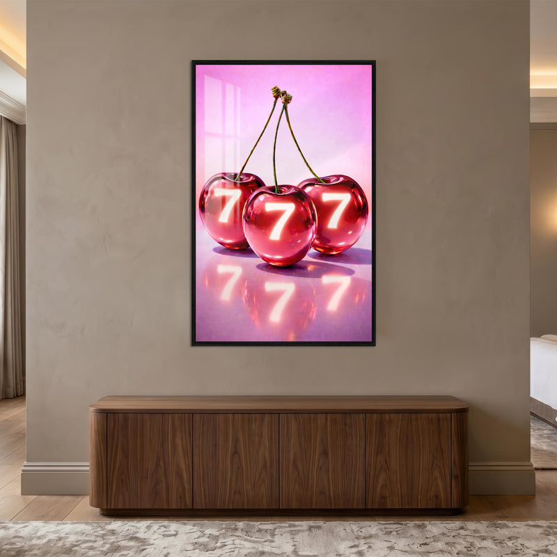 Kristal Kirazlarda 777 Şansı Cam Tablo – Siyah Çerçeveli Cam Tablo