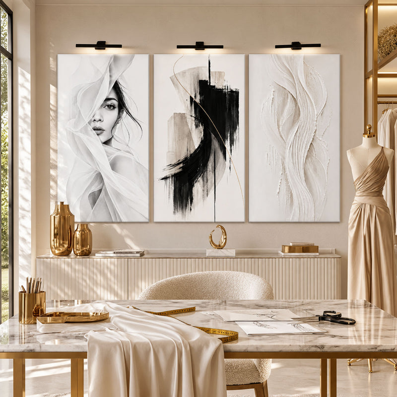 Siyah Beyaz Modern Sanat Üçlü Cam Tablo