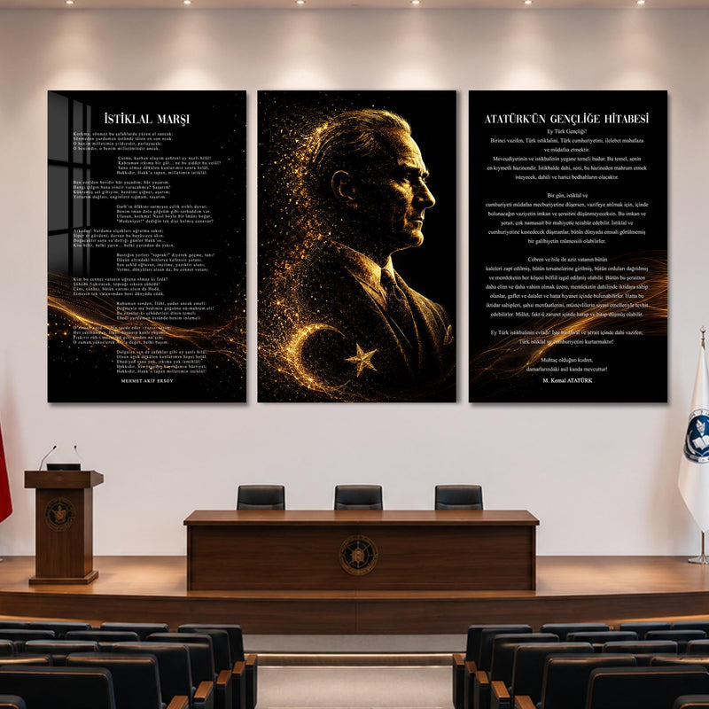 Atatürk Köşesi Üçlü Cam Tablo Seti — Altın Parçacıklı Silüet