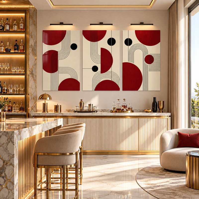 Kırmızı Siyah Mid-Century Daire Üçlü Cam Tablo