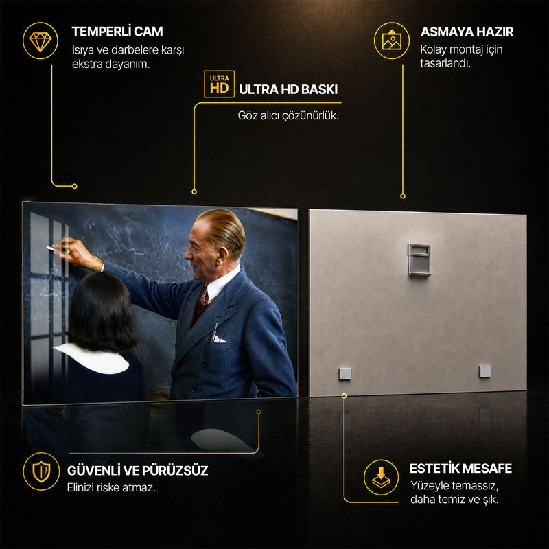 Tahta Başında Atatürk Cam Tablo