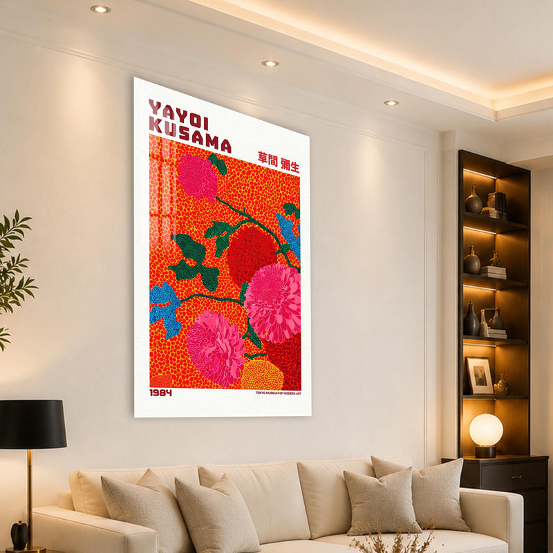 Turuncu Zeminde Pembe Çiçekler Cam Tablo – Cam Tablo