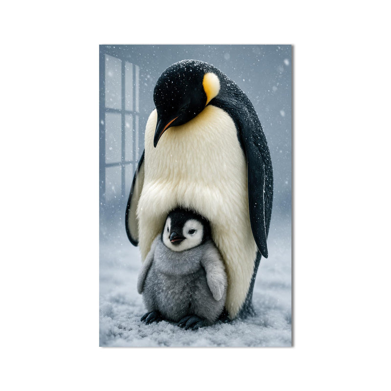 Yavrusunu Koruyan Penguen Cam Tablo – Cam Tablo