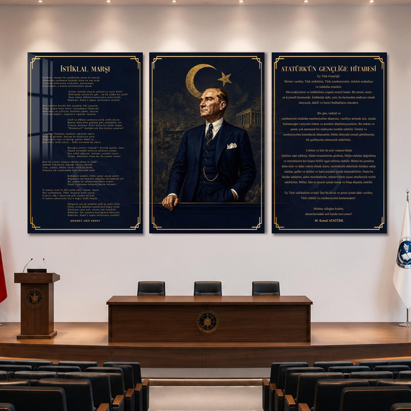 Atatürk Köşesi Üçlü Cam Tablo Seti — Lacivert İstanbul Silueti