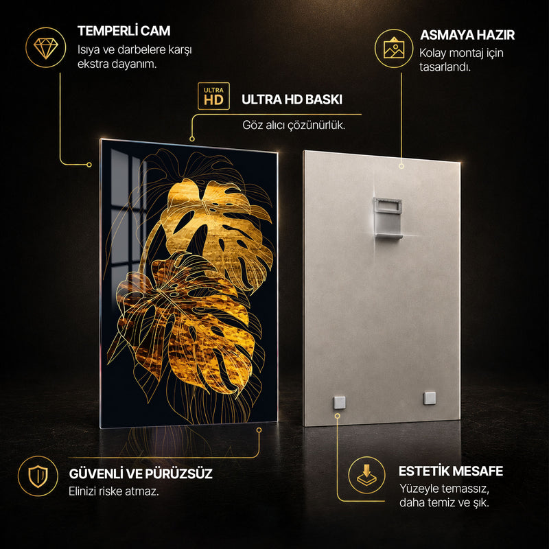 Gece Parlayan Altın Monstera Cam Tablo – Cam Tablo