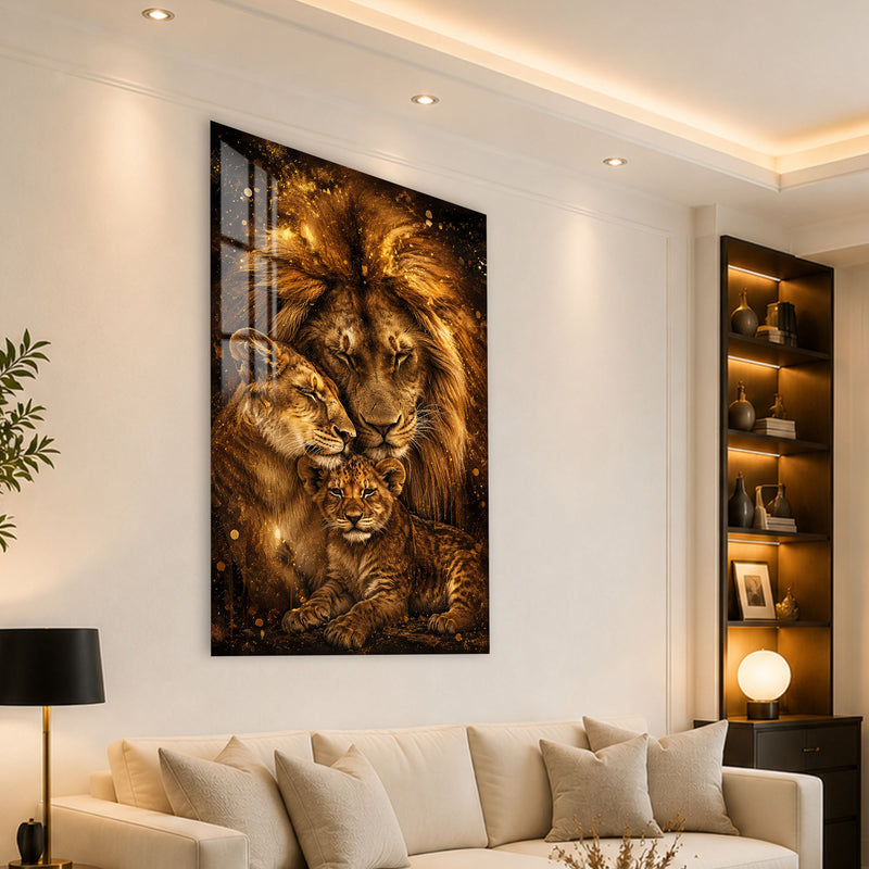 Altın Işıltılı Aslan Ailesi Cam Tablo – Cam Tablo