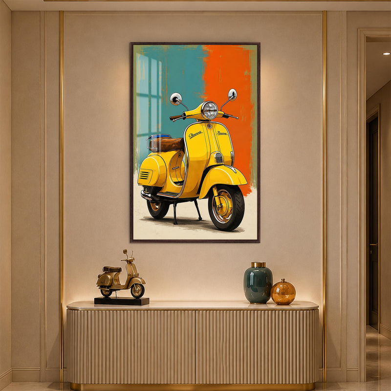 Turkuaz Turuncu Zeminde Sarı Vespa Cam Tablo – Ceviz Çerçeveli Cam Tablo