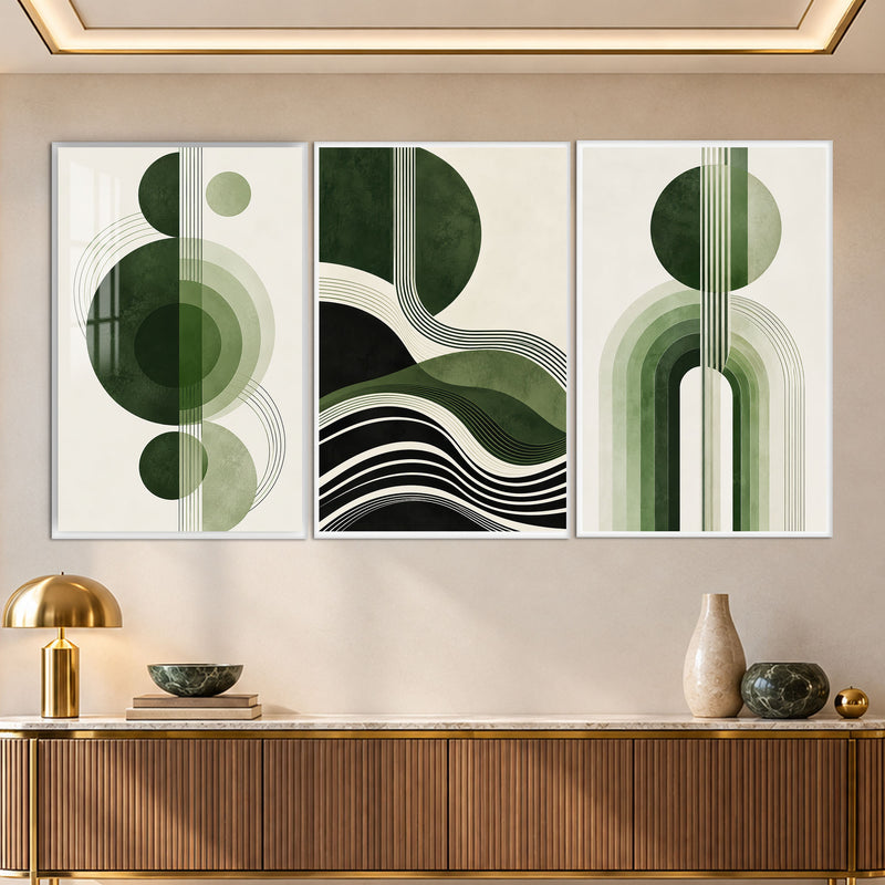 Yeşil Mid-Century Dalga Daire Üçlü Cam Tablo – Beyaz Çerçeveli