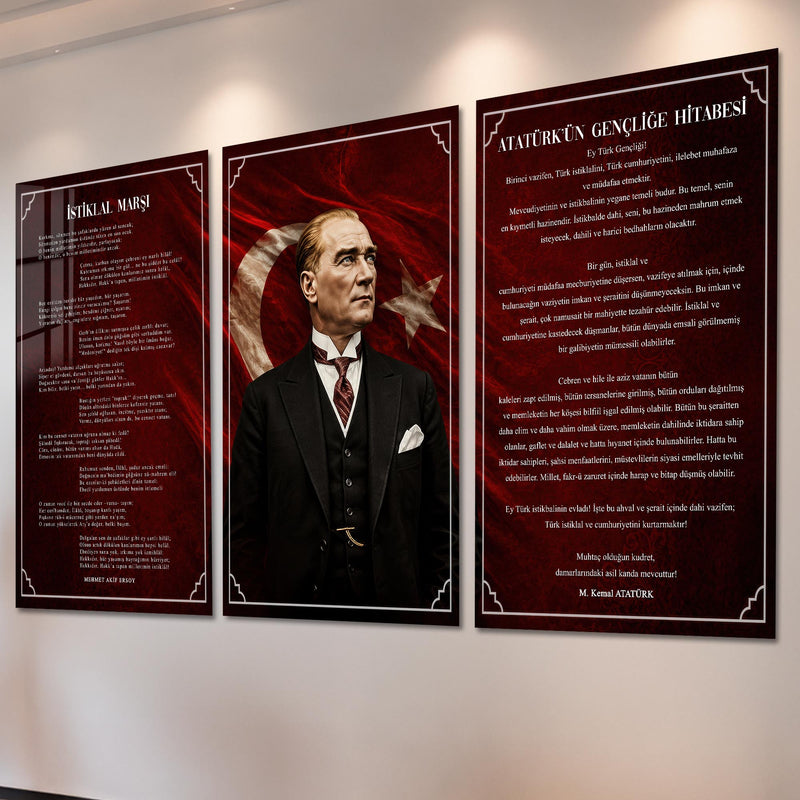 Atatürk Köşesi Üçlü Cam Tablo Seti — Kızıl Bayraklı