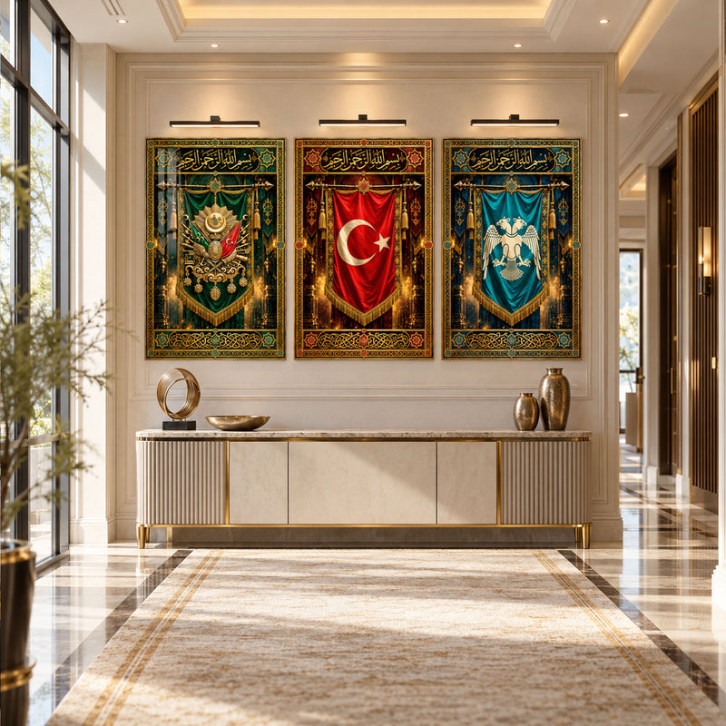 Osmanlı Sancak Üçlüsü Üçlü Cam Tablo