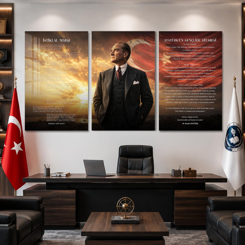 Atatürk Köşesi Üçlü Cam Tablo Seti — Altın Işıkta İstanbul
