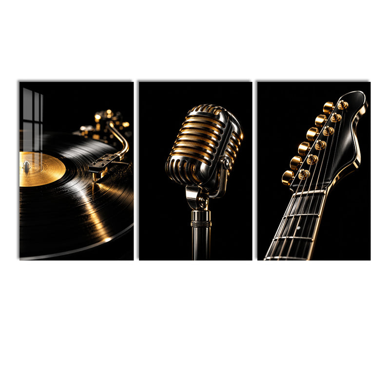 Plak, Mikrofon ve Gitar Üçlü Cam Tablo