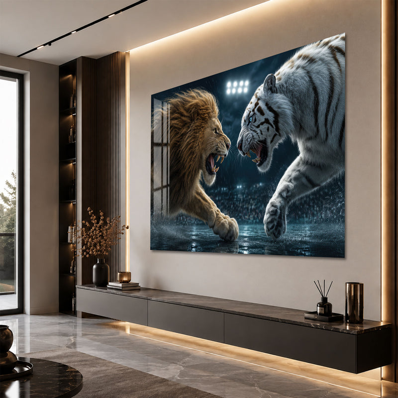Aslan ve Kaplan Karşı Karşıya Cam Tablo – Cam Tablo