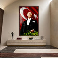 Bayrak Önünde Atatürk Cam Tablo – Ceviz Çerçeveli