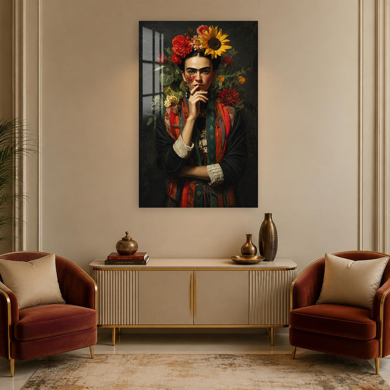 Ayçiçekleriyle Frida Kahlo Portresi Cam Tablo – Cam Tablo