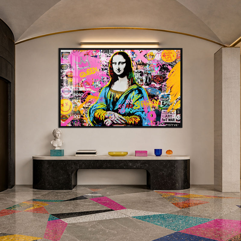 Pop Art Mona Lisa Grafiti Cam Tablo – Siyah Çerçeveli Cam Tablo