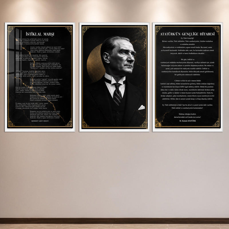 Atatürk Köşesi Üçlü Cam Tablo Seti — Mermer Desenli – Beyaz Çerçeveli