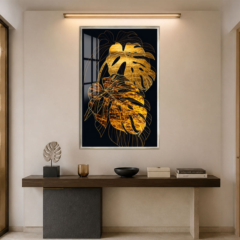 Gece Parlayan Altın Monstera Cam Tablo – Gümüş Çerçeveli Cam Tablo