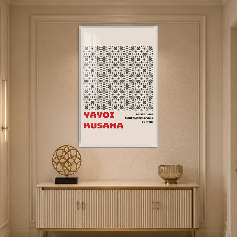 Gri Geometrik Çiçek Deseni Cam Tablo – Beyaz Çerçeveli Cam Tablo